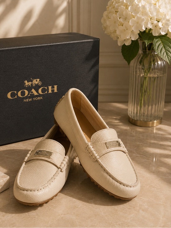 Coach Shoes - Coach Womens Fredrica Loafers Cream Pebbled Leather Silver Logo Size 7.5
